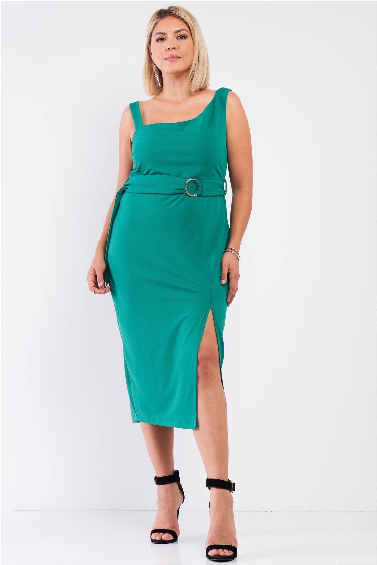 Plus Size Plus Sleeveless Asymmetrical Shoulder Front Slit Detail Belted Dress β Stylish & Comfortable β menβs fashion, stylish and versatile