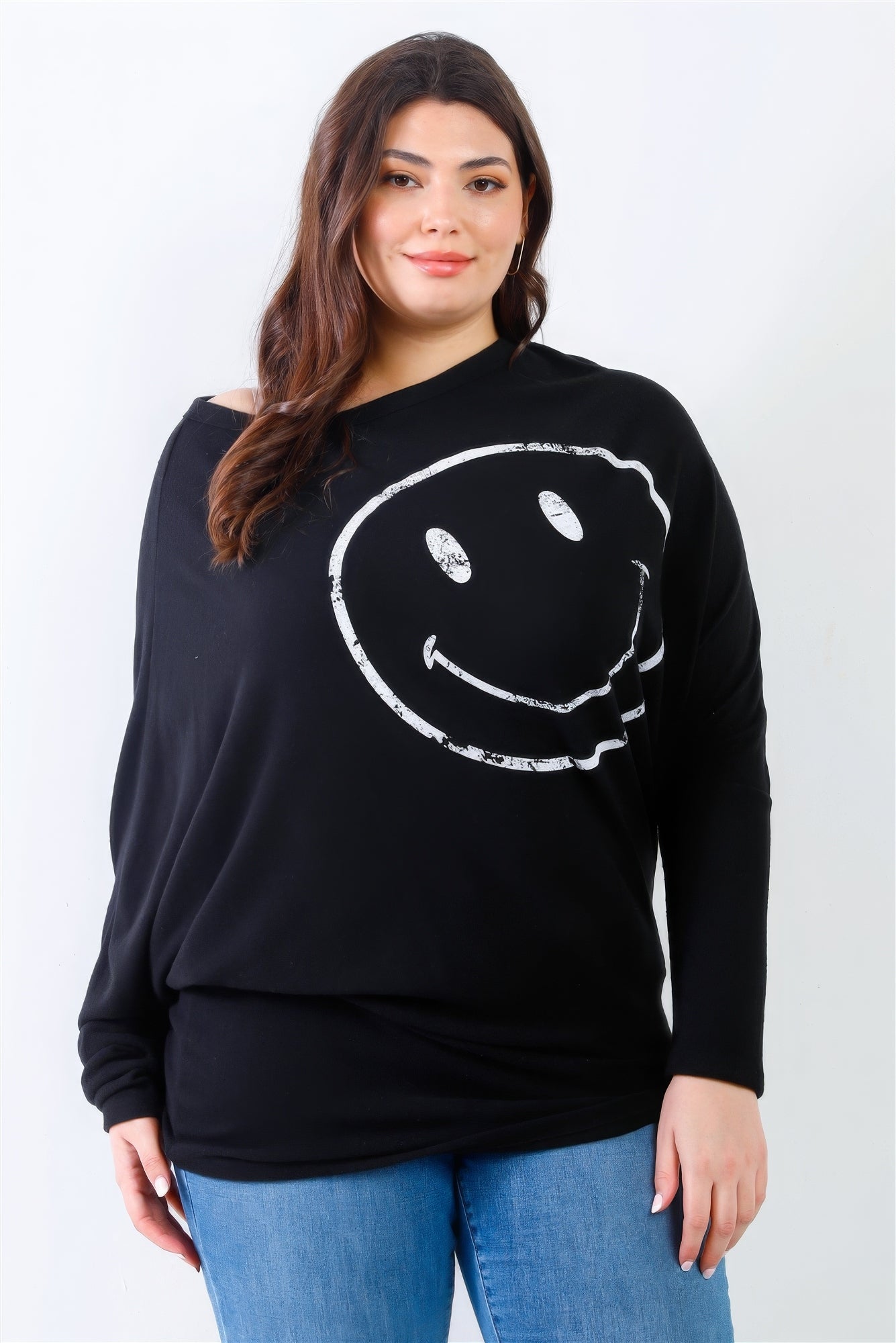 Plus Size Plus Smile Front Print Flannel Dolman Sleeve Top β Stylish & Comfortable β menβs fashion, stylish and versatile