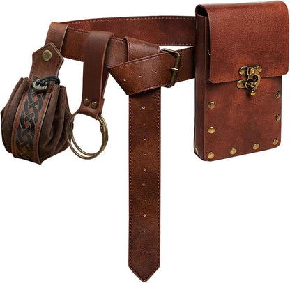 Belt Pouch Waist Bag Fanny Pack Steampunk Phone Holder Medieval Bag Leather Belt Renaissance Cosplay Costume Accessories (Tri-Black)