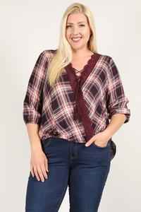 Plus Size Plaid 3/4 Sleeve Top With Hi-lo Hem, V-neckline, And Relaxed Fit – Stylish & Comfortable – men’s fashion, stylish and versatile