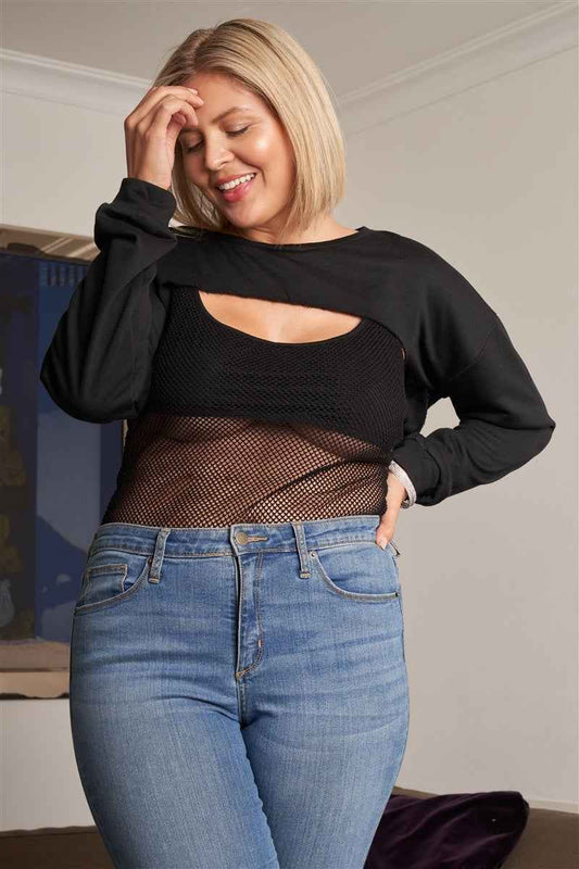 Plus Size Plus Black Raw Hem Long Sleeve Crop Overtop & Beach Net Sheer Bodysuit Two-piece Set – Stylish & Comfortable – men’s fashion, stylish and versatile