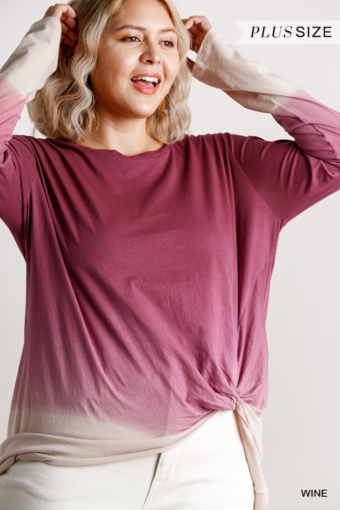 Plus Size Ombre Print Long Sleeve Top With Gathered Front Detail And Raw Hem – Stylish & Comfortable – men’s fashion, stylish and versatile