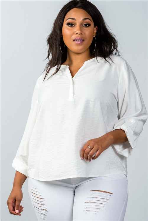 Plus Size Oatmeal Stand-up Collar Roll Tab Sleeve Blouse – Stylish & Comfortable – men’s fashion, stylish and versatile