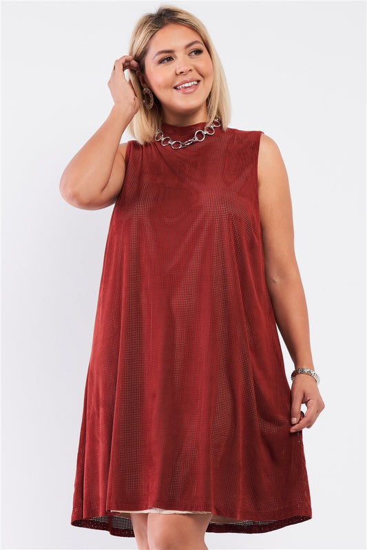 Plus Size Plus Rust And Nude Illusion High Neck Swing Dress – Stylish & Comfortable – men’s fashion, stylish and versatile