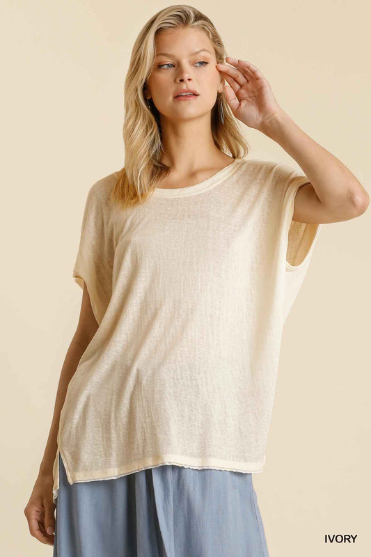 Sale - Short Sheer Dolman Sleeve Scoop Neck Top With Side Slit – On Sale Now