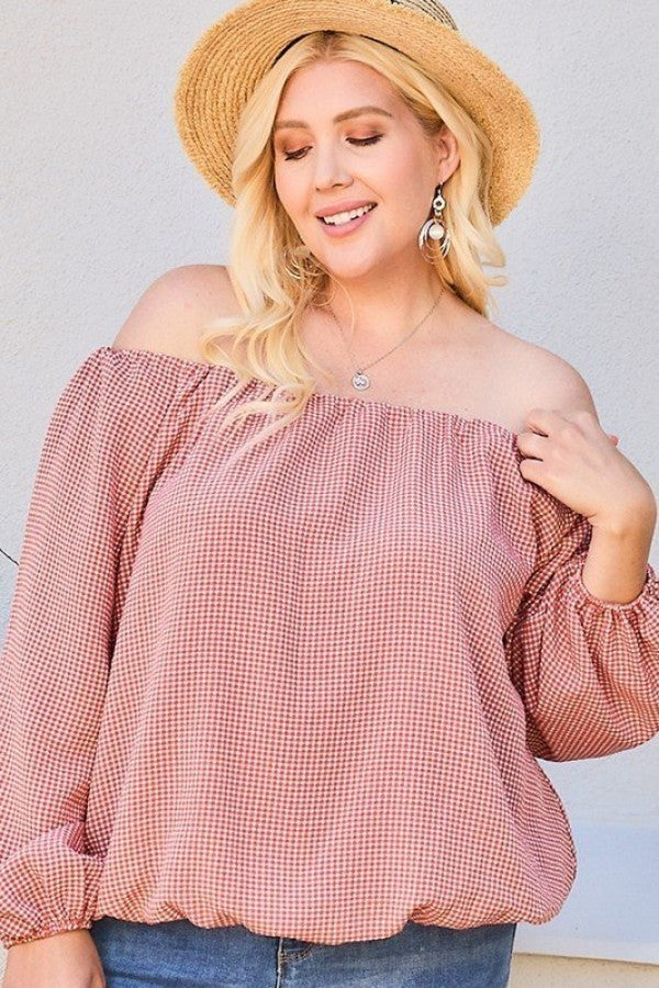Plus Size Off Shoulder Long Bubble Sleeve Plaid Top – Stylish & Comfortable – men’s fashion, stylish and versatile