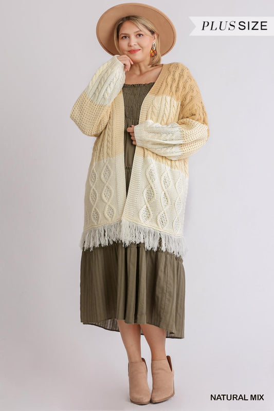 Plus Size Patchwork Knitted Open Front Cardigan Sweater With Frayed Hem – Stylish & Comfortable – men’s fashion, stylish and versatile