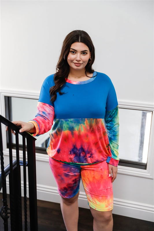 Plus Size Plus Blue Neon Rainbow Tie-dye Colorblock Long Sleeve Top & Biker Shorts Set – Stylish & Comfortable – men’s fashion, stylish and versatile