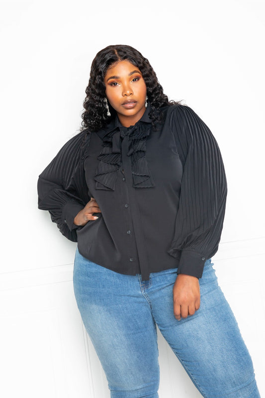 Plus Size Pleated Sleeve Blouse With Waterfall Frill And Bow – Stylish & Comfortable – men’s fashion, stylish and versatile