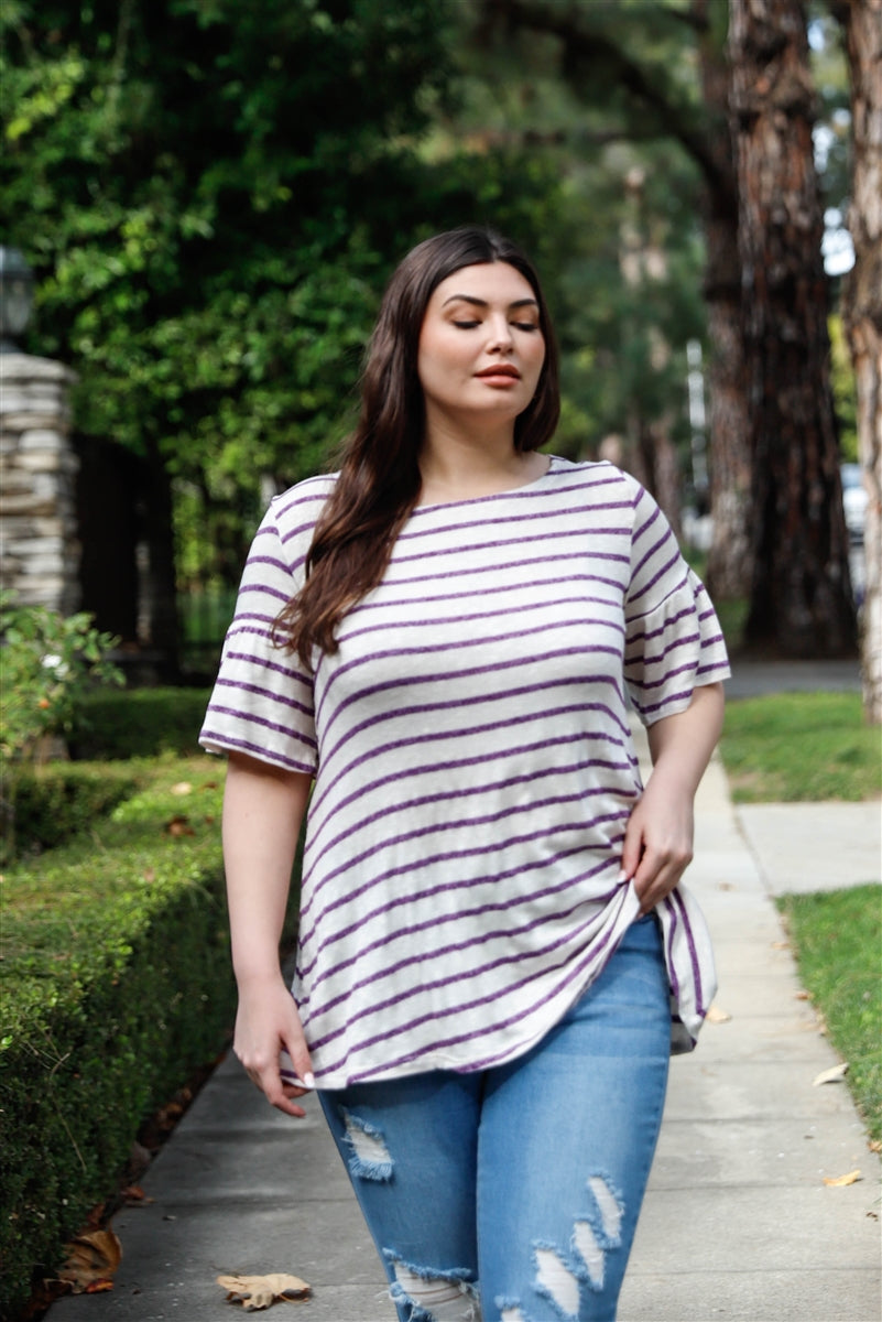 Plus Size Plus Stripe Bell Short Sleeve Top – Stylish & Comfortable – men’s fashion, stylish and versatile