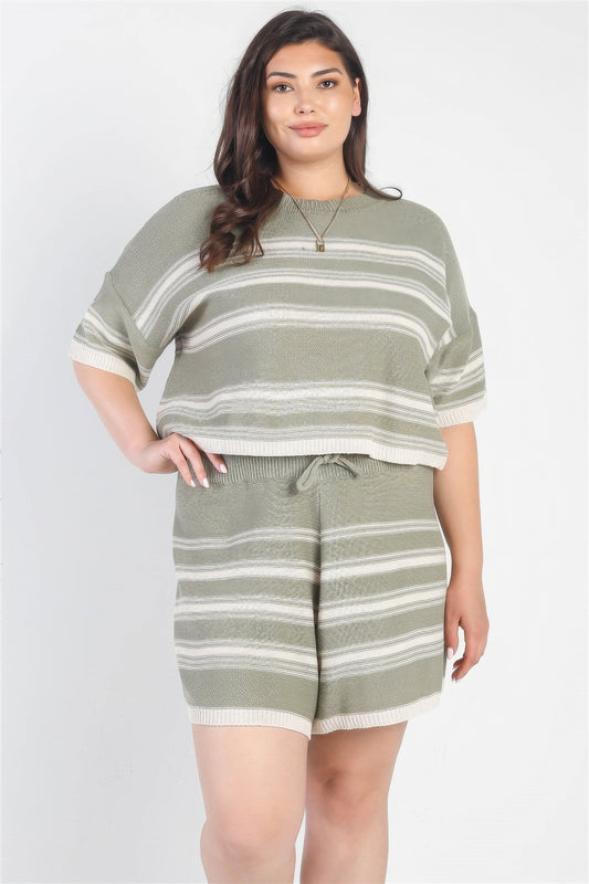 Plus Size Plus Olive Striped Knit Short Sleeve Crop Top High Waist Shorts Set – Stylish & Comfortable – men’s fashion, stylish and versatile