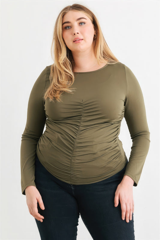 Plus Size Plus Olive Ruched Long Sleeve Top – Stylish & Comfortable – men’s fashion, stylish and versatile