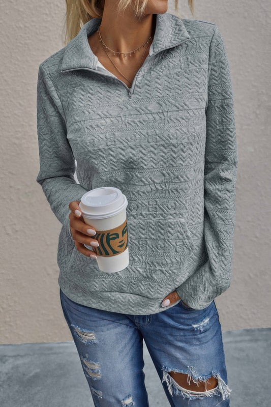 New Arrival – Half Zip Textured Solid Long Sleeve Pullover – New Arrival Now Live